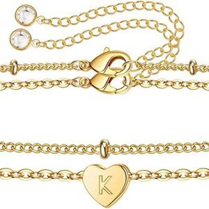 Dainty 14K Gold Filled Initial Heart Bracelet "K" for Women